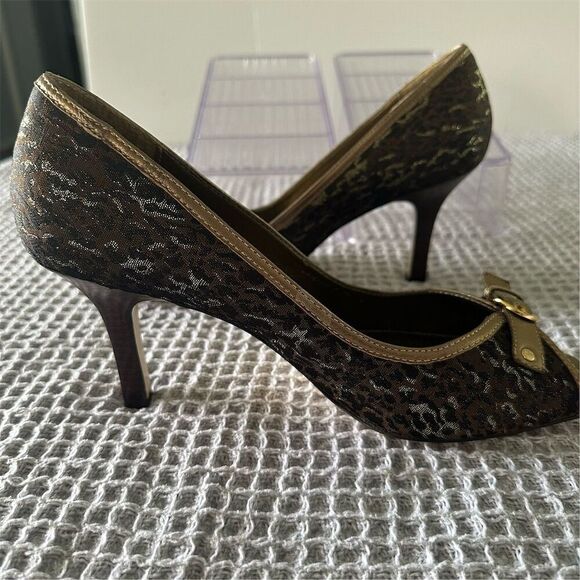 Nickels Women's Gold Leopard Print Open Toe Stiletto Heels Size 9 - Picture 2 of 7